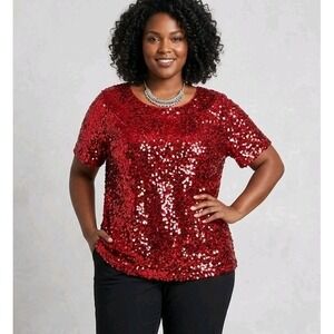 Cato‎ Red Full Sequin Blouse Plus Size 22/24 3X Short Sleeve Round Neck Lined